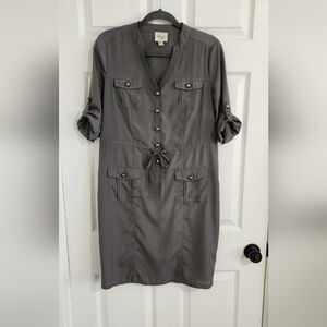 Beige by Eci Gray Utility Shirt Dress Size 8 (Fits M) Tie Waist Safari Style